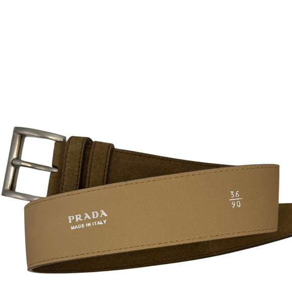 Prada Women's Brown Suede Leather Belt Size 90 36" M-L NEW IN BOX Triangle Logo - Picture 4 of 5